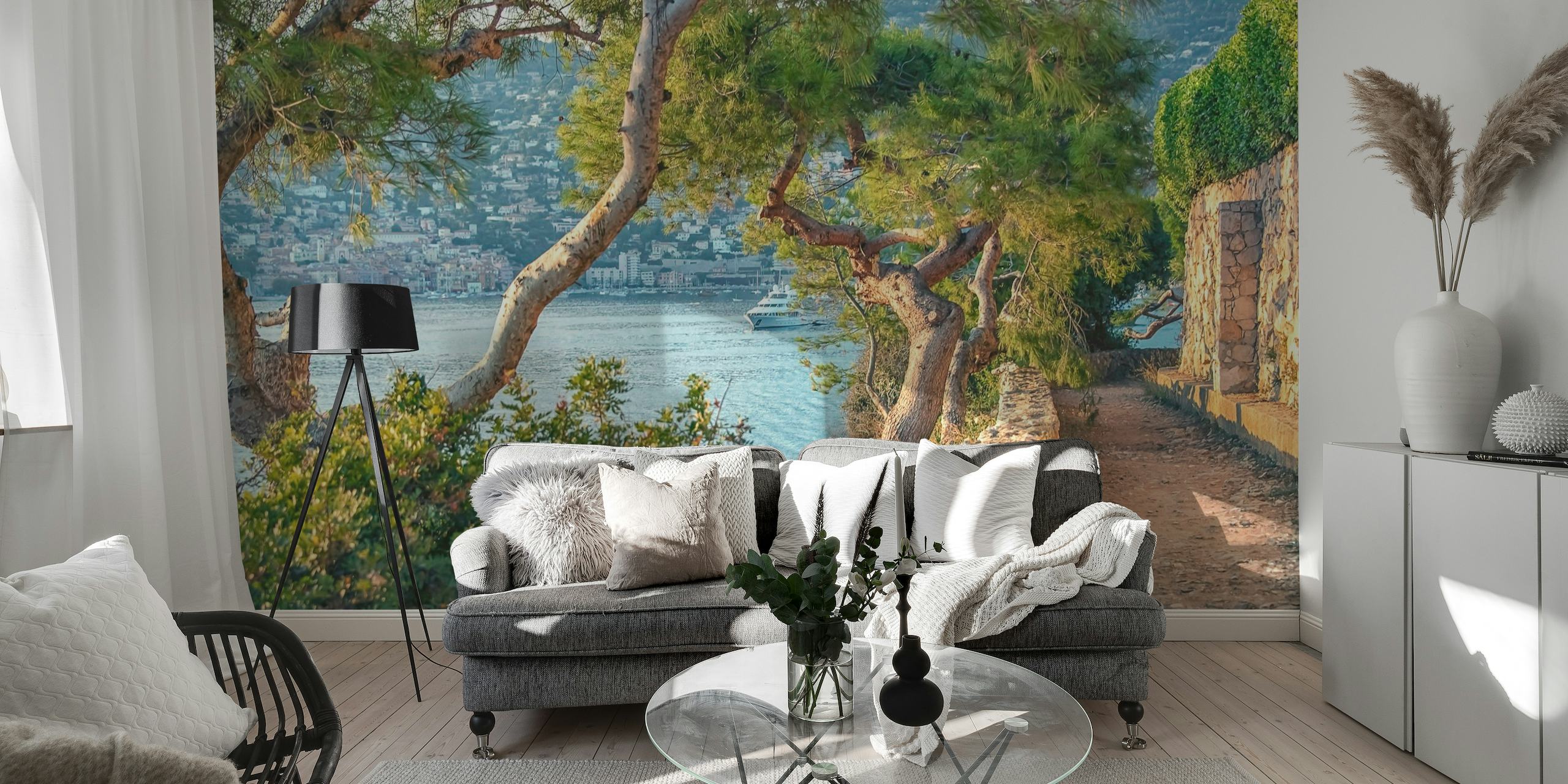Coastal pathway wall mural with sea view and trees