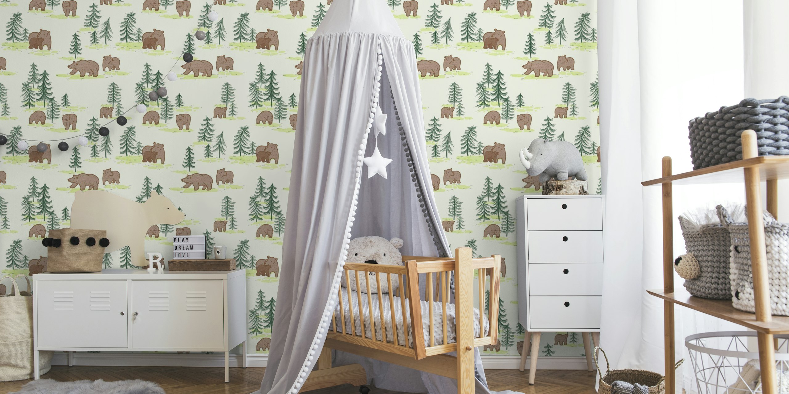 Fotomural ilustrado de osos y pinos para una decoración serena del hogar