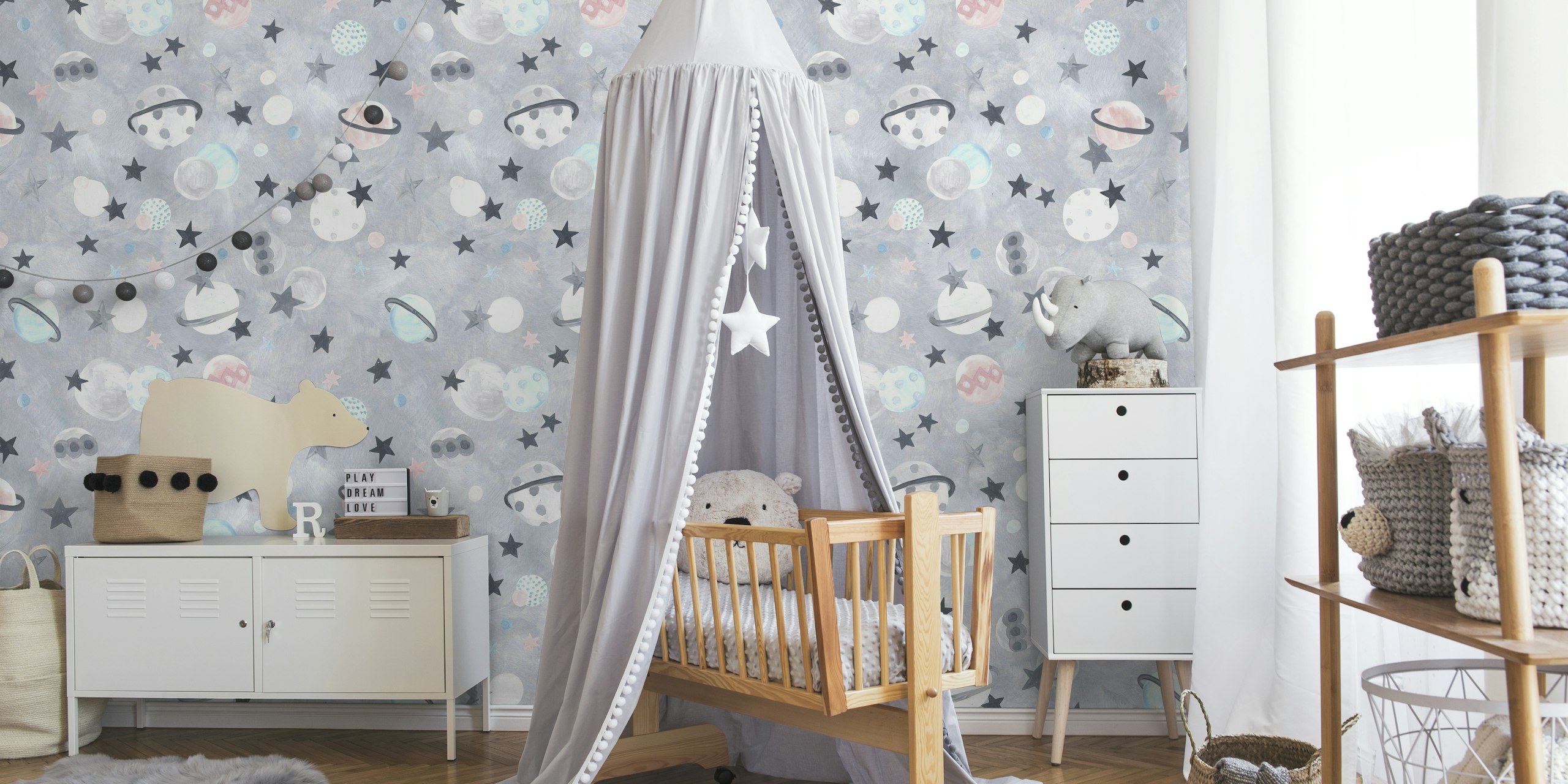 Planets and Stars wall mural with celestial bodies and ethereal constellations on a dreamy backdrop
