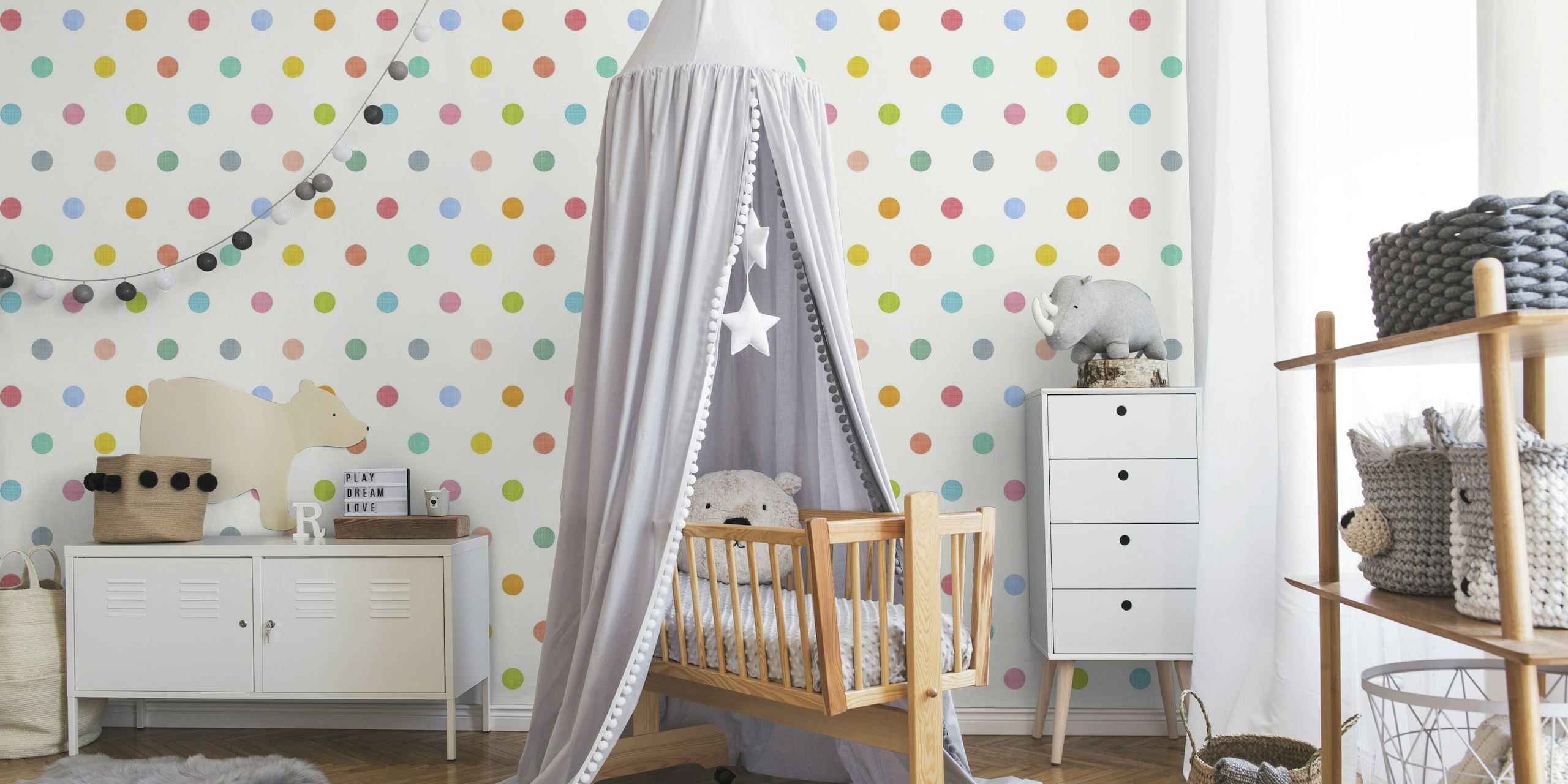 Pastel Rainbow Polka Dots wall mural with multicolored dots on a neutral background