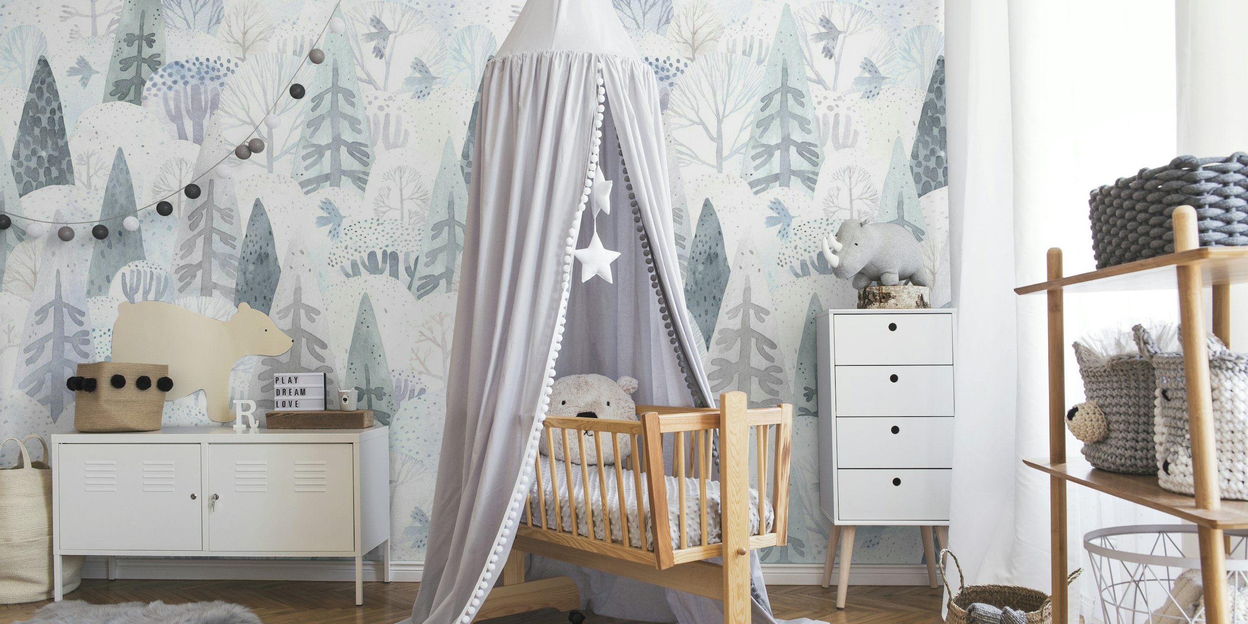 Stylized winter trees and snowflakes wall mural in pastel tones
