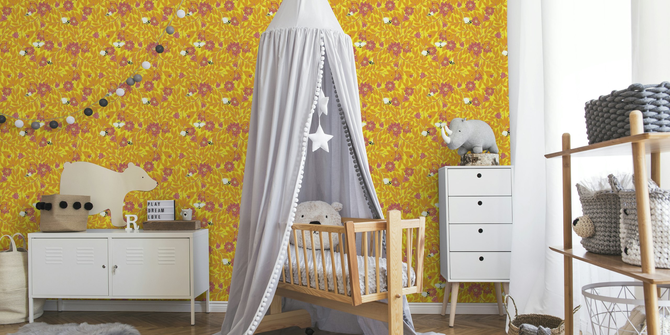 Bees looking for pollen, bright yellow garden for kids room tapety