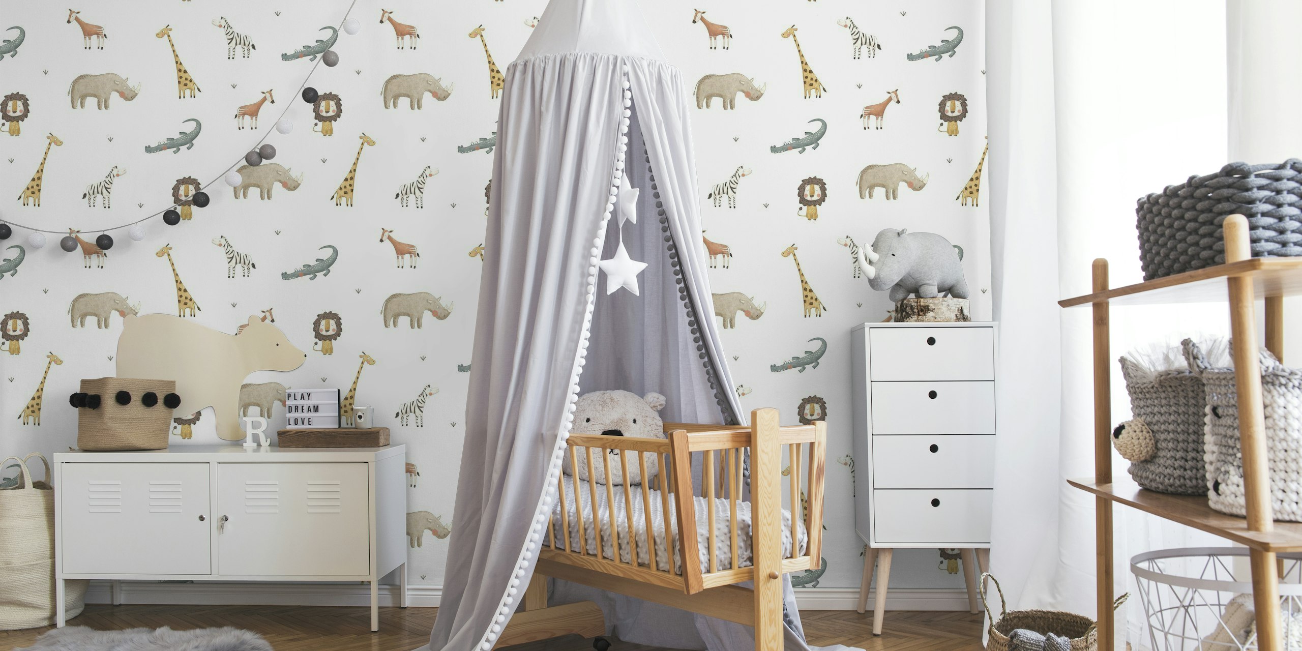 Illustrated safari animals wall mural featuring giraffes, elephants, lions, and zebras