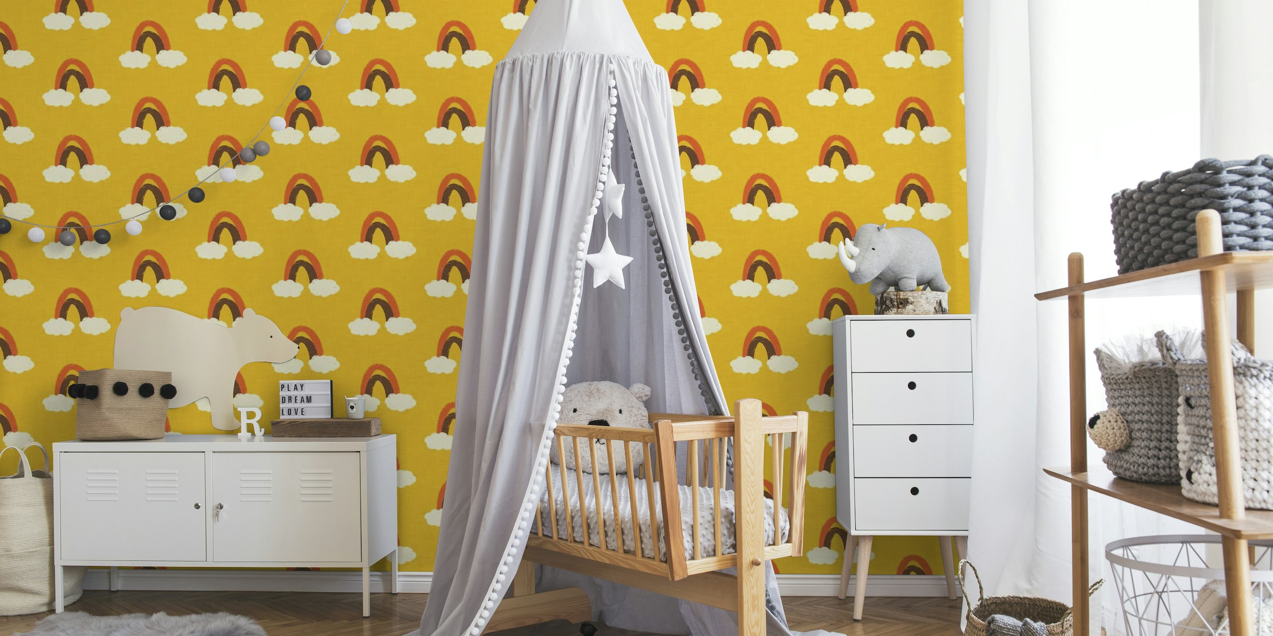 Groovy 70s Cute Rainbow with clouds Yellow wallpaper