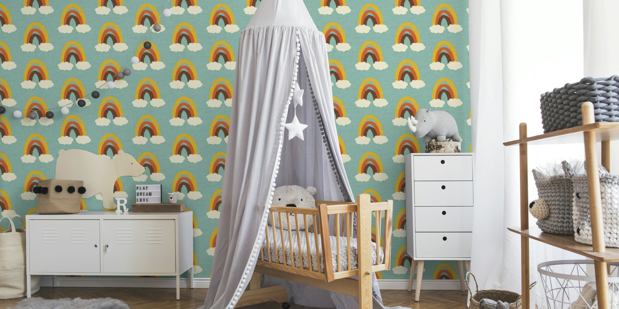 Groovy 70s Cute Rainbow with clouds Blue wallpaper