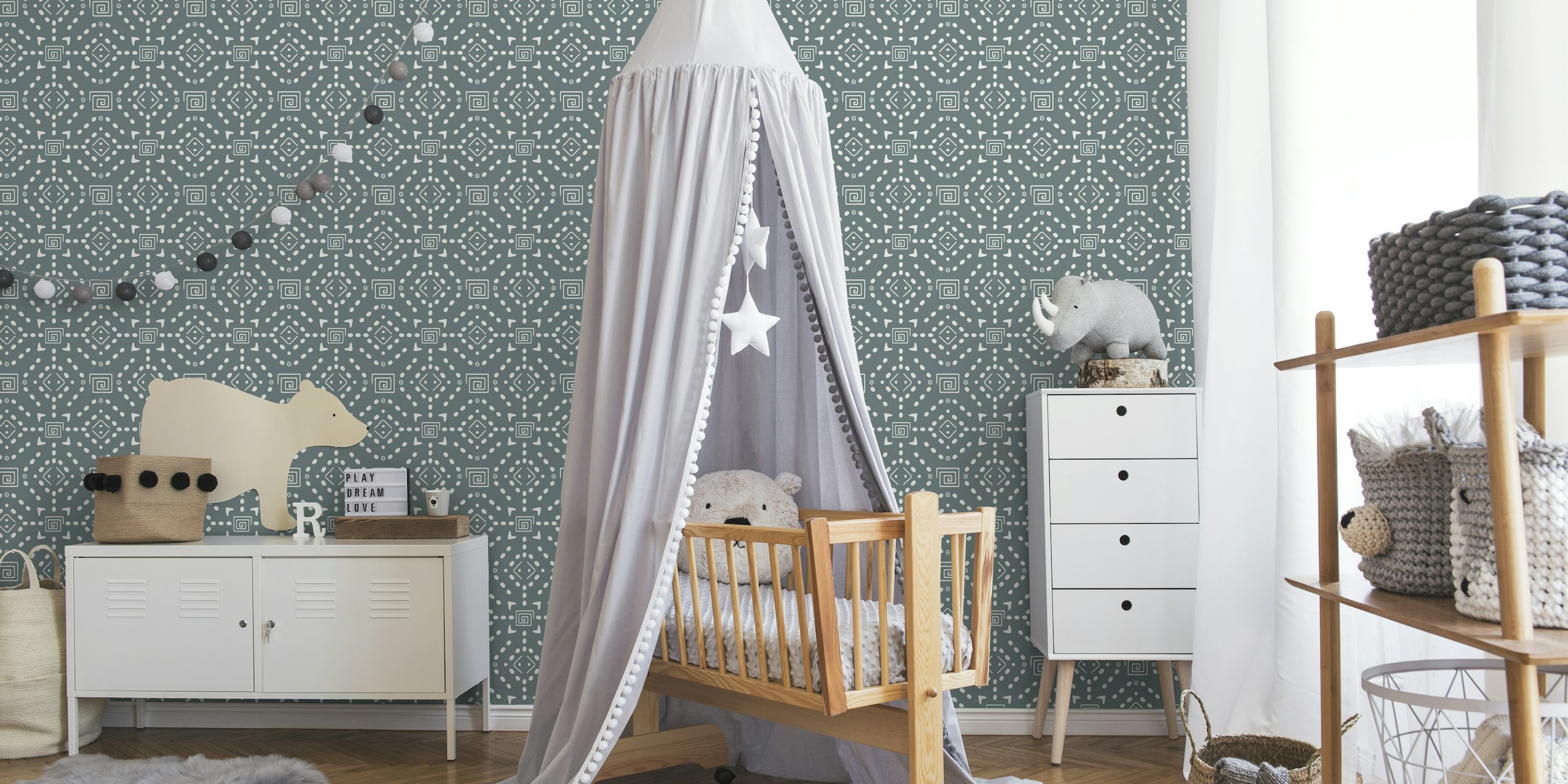 Boho nursery wall mural with traditional African mudcloth inspired design in grey tones.