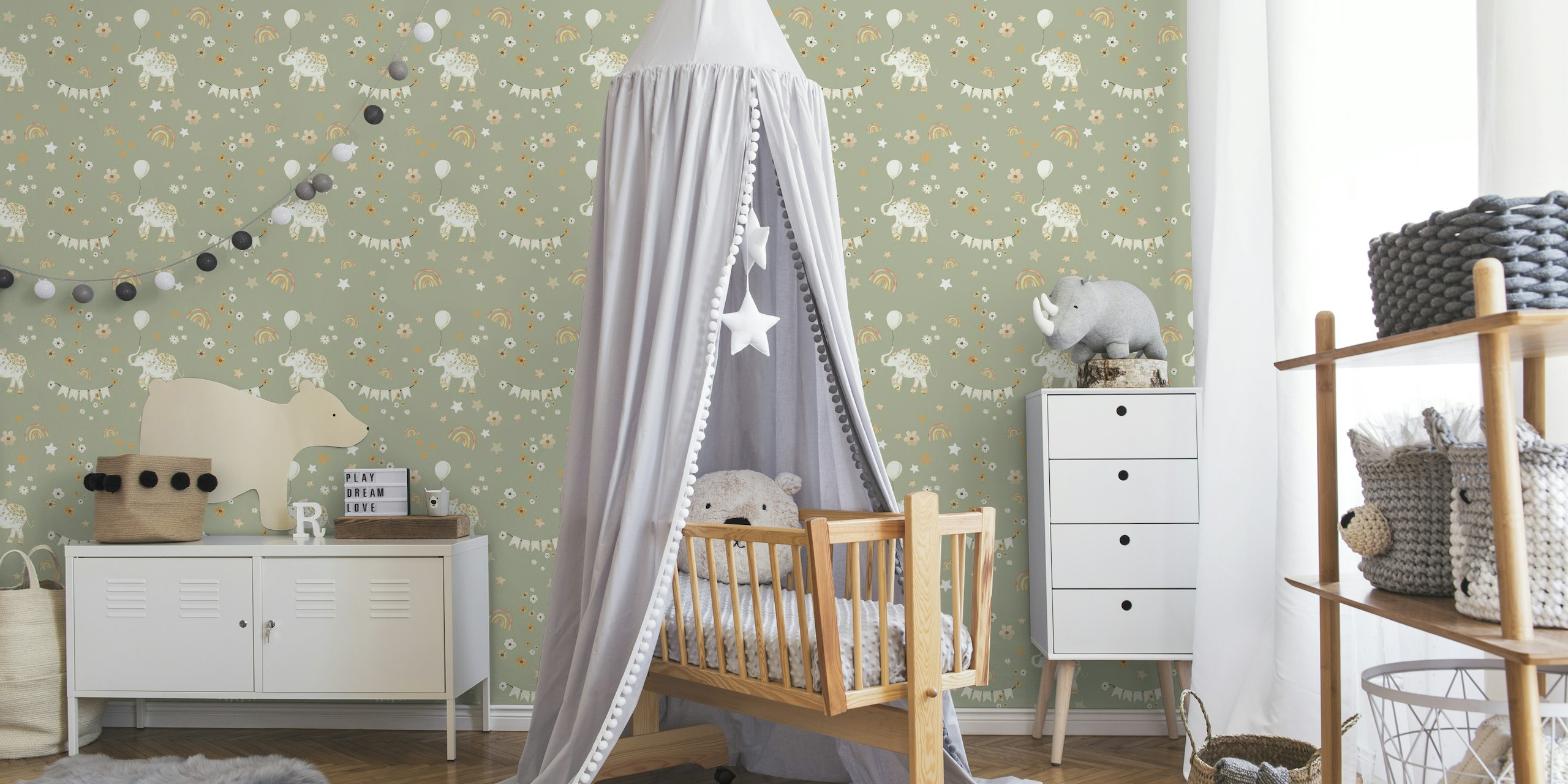 BABY ELEPHANT PARTY SAGE GREEN tapet