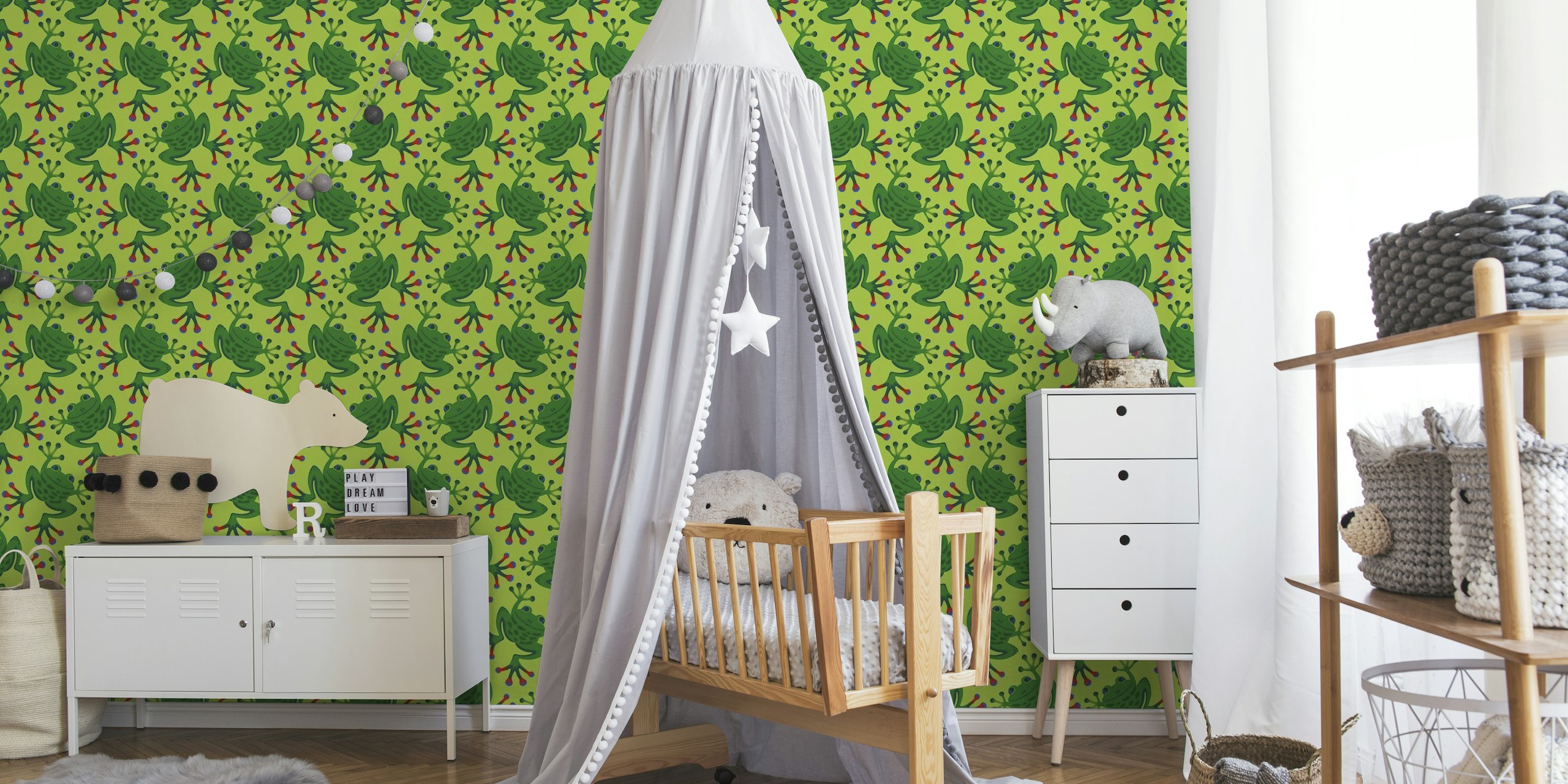 Cute green frog pattern wall mural for kids