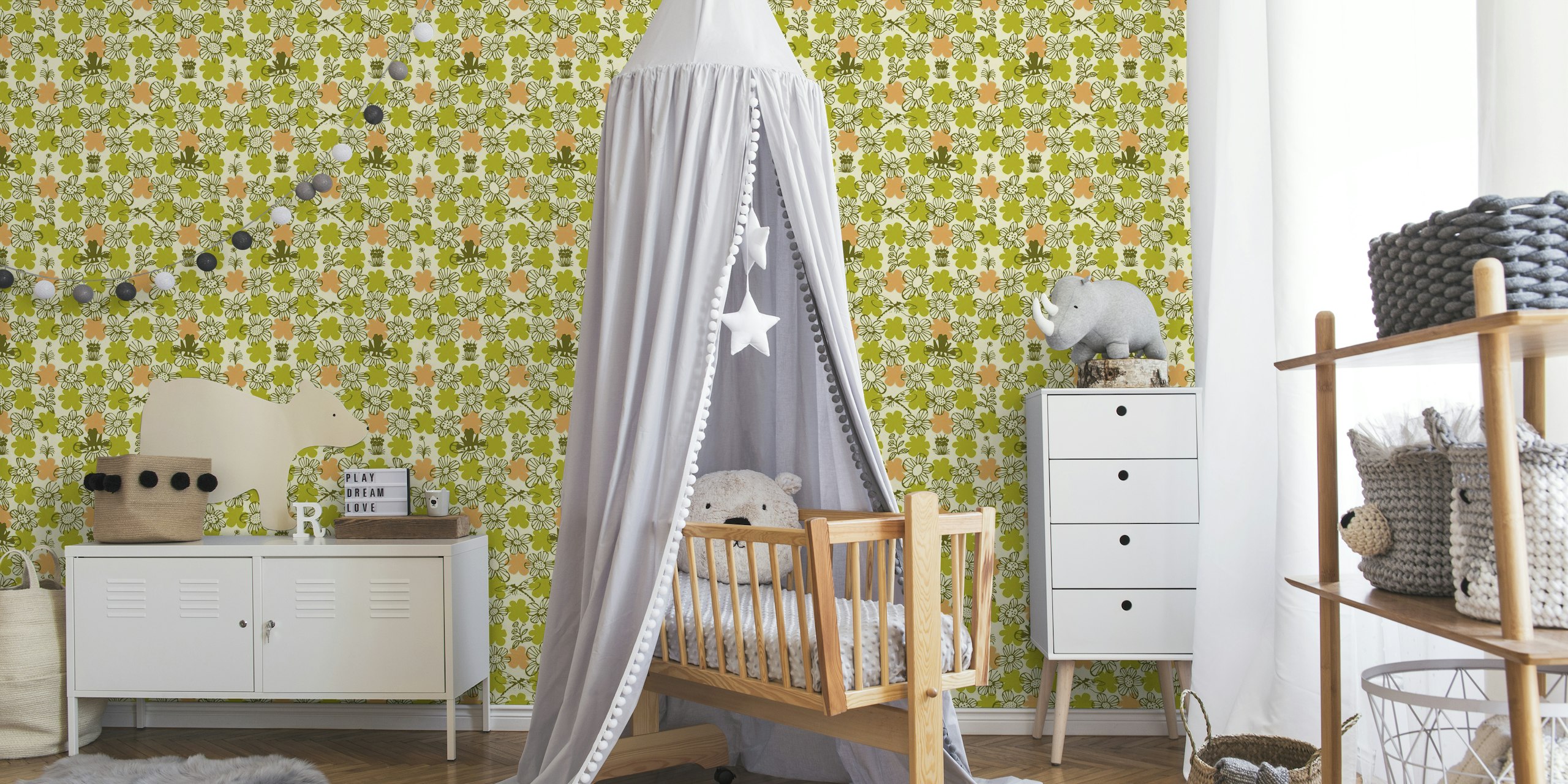 Olive green scandi abstract floral for kids tapete