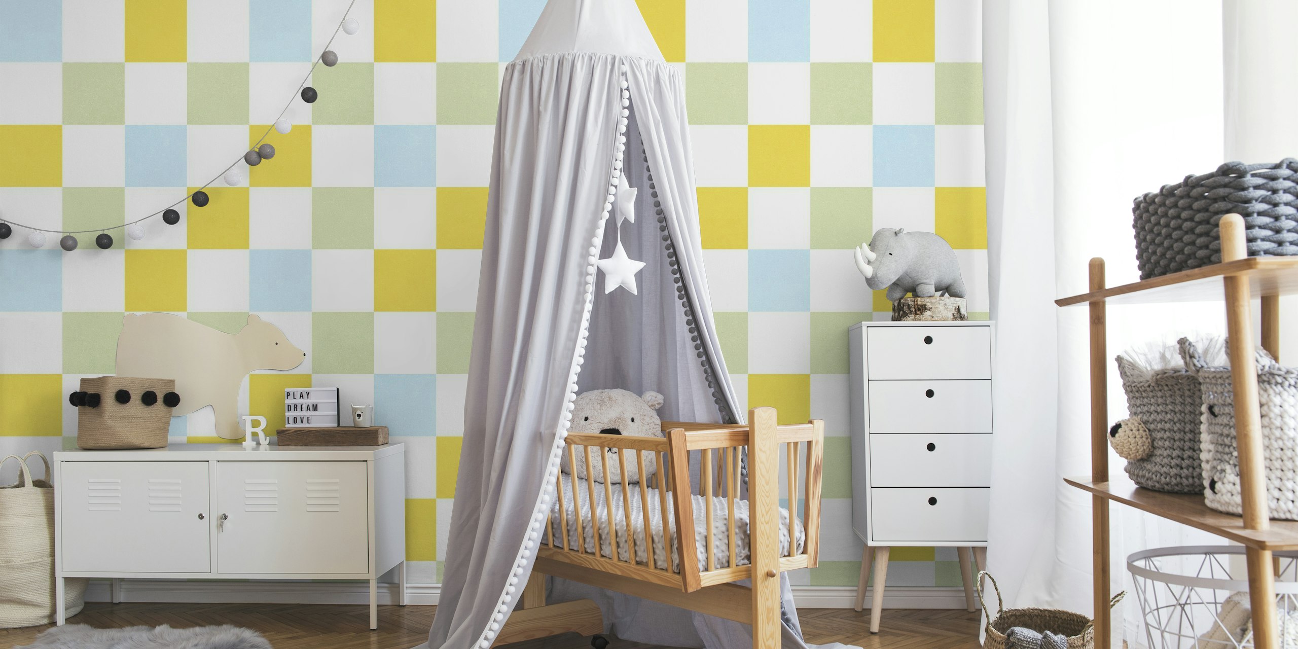 Retro Pastel Checkered Wall Mural in Sunny Green, Yellow, and Blue