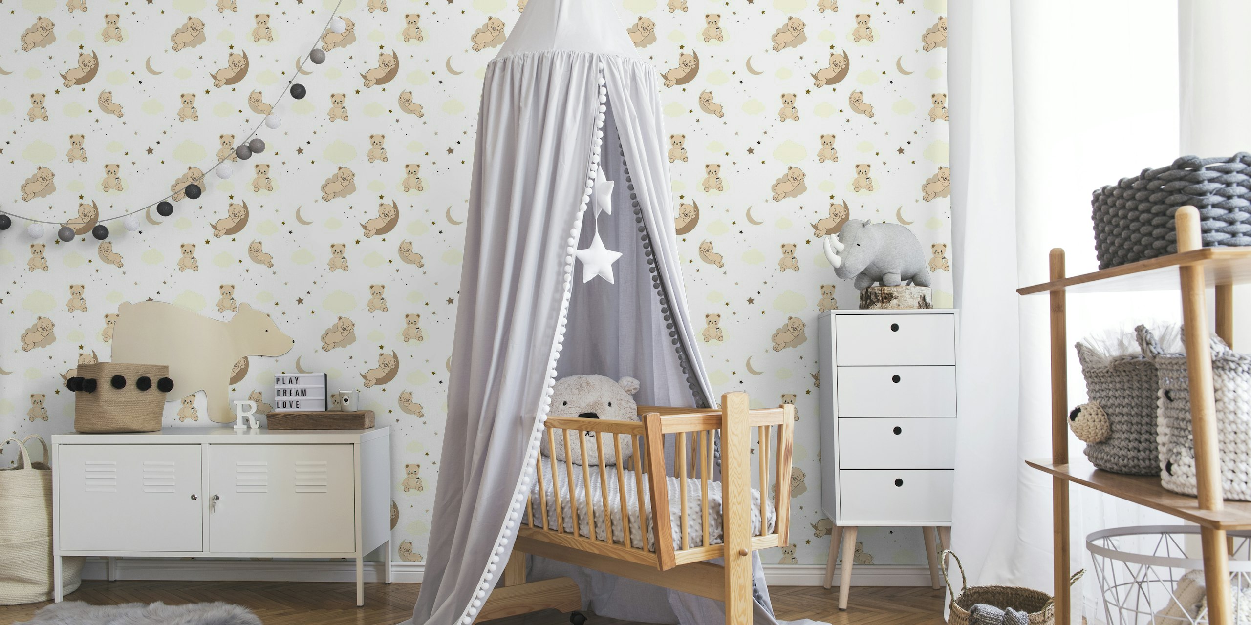 Cute teddy bear pattern with playful teddy illustrations and celestial elements on a wallpaper mural