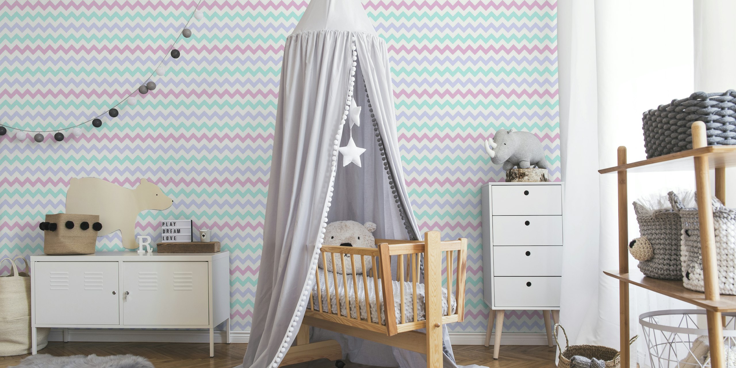 Soft pastel chevron pattern in pink, blue, and teal for wall murals