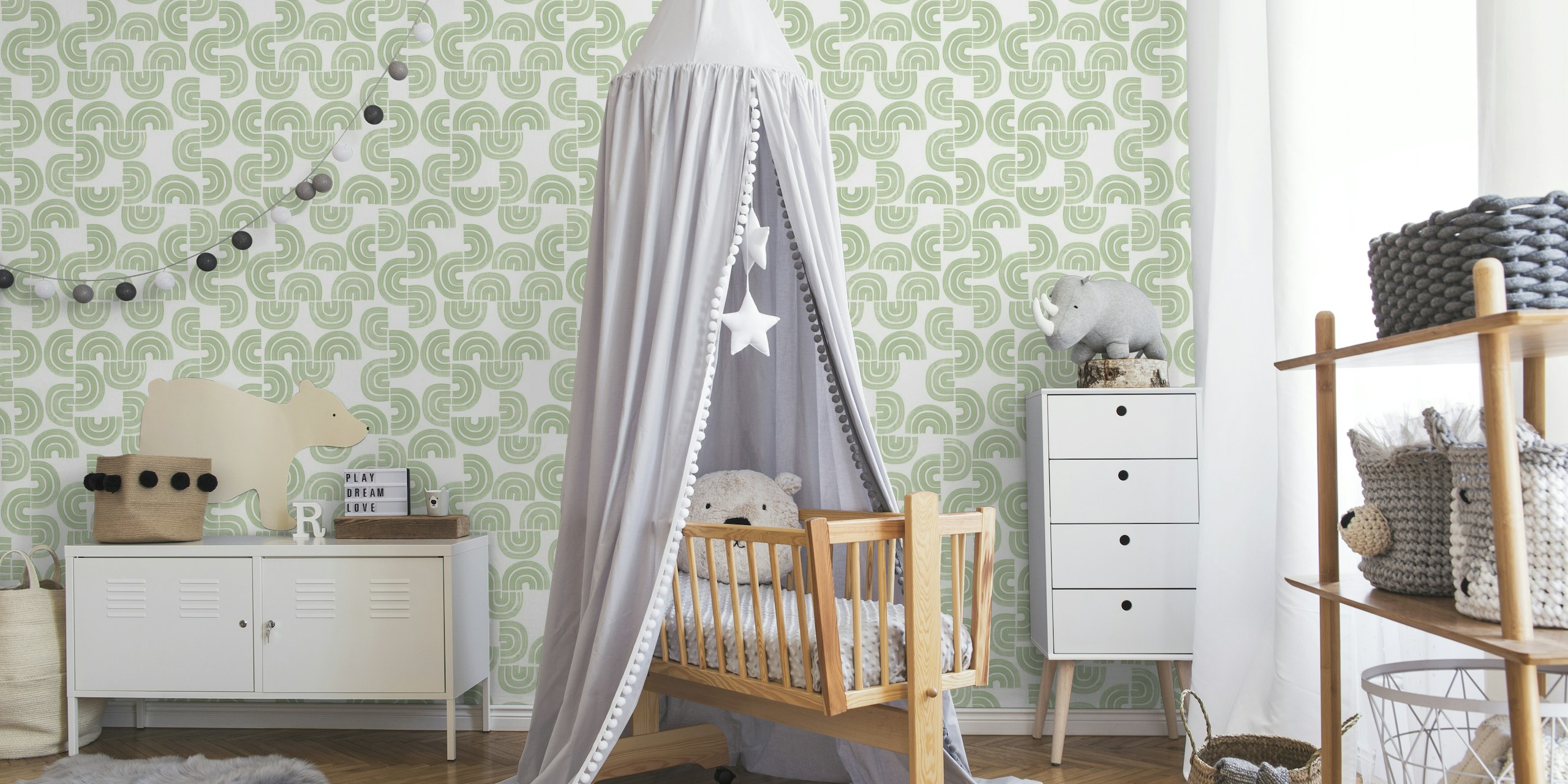 Bohemian arches pattern in celadon green on cream wall mural