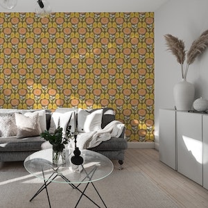 Geometric flowers and birds - brown, yellow