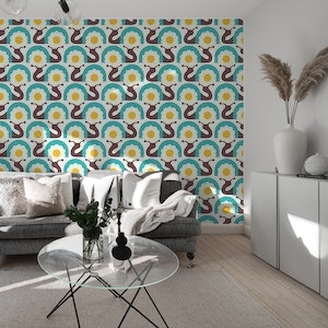 Retro snails with flowers, turquoise yellow (2754B)