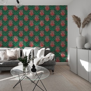 Abstract flowers, dark green red (2877 E)