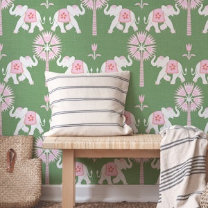Elephant and Palm - Pink and textured green