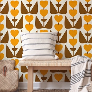 Retro Heart Flowers Yellow Brown