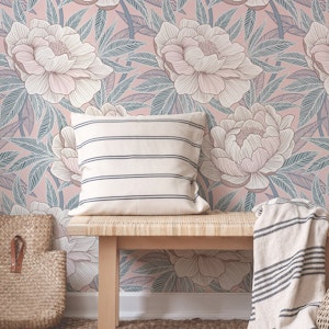 Pastel Peony Floral With Grey Blue and Pink
