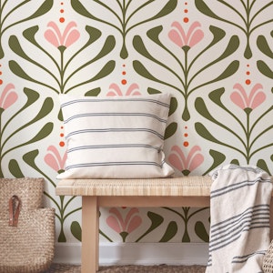 Vintage Retro Bloom Flourish Green Pink - L