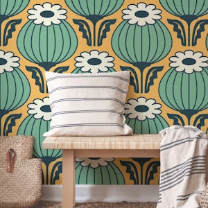Bold Vintage Poppies Green Yellow - L