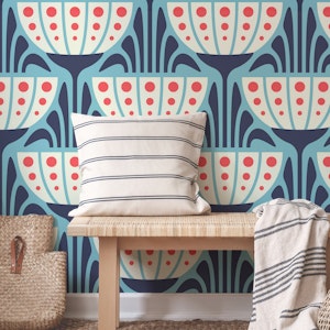 Mid-Century Blossoms in Blue Red - L