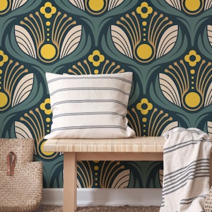 Art Deco Floral in Green Yellow - L