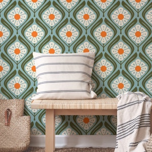 Retro Squared Daisies in Green Orange - S