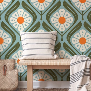 Retro Squared Daisies in Green Orange - L