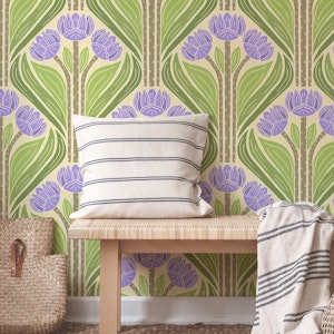 Art Deco Tulips in Lavender & Olive on Cream