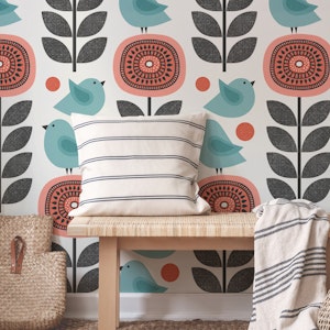 retro flowers and birds - coral pink and blue