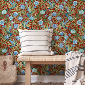 Hummingbird Chintz in Blue Green on Ruby Red