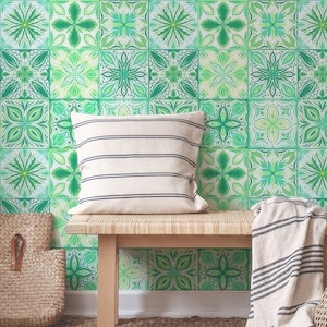 Ornate tiles in green and white