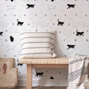 Cute cats illustration with hearts. Seamless fabric design pattern