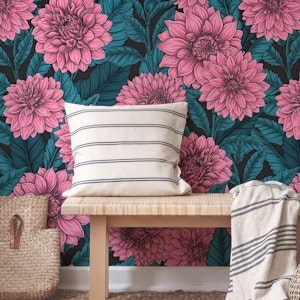Pink Dahlia garden// blue leaves