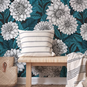 White Dahlia garden/ blue leaves