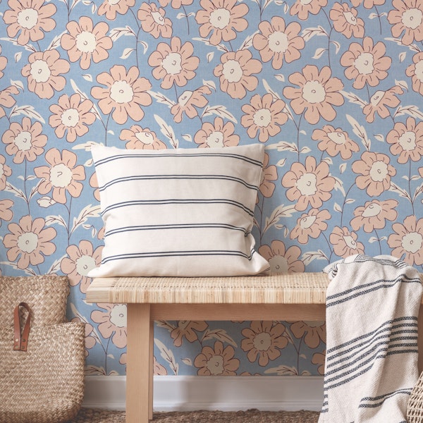 Vintage Daisy Meadow in Soft Blue and Pink