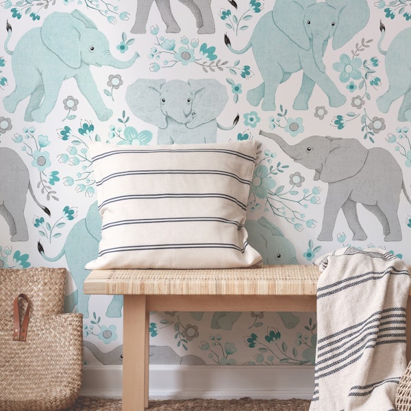 Elephants in Wildflowers - duck egg blue