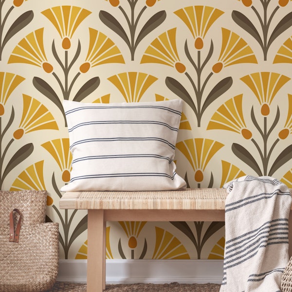 Art Deco Floral Fusion in Yellow Brown - L