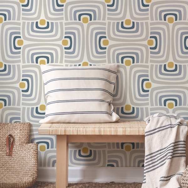 retro geometric scallops - blue grey mustard