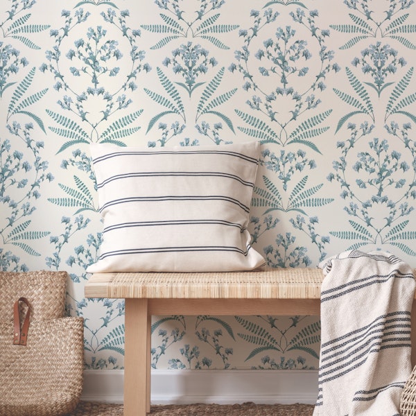 Rustic cottage floral damask cyan blue