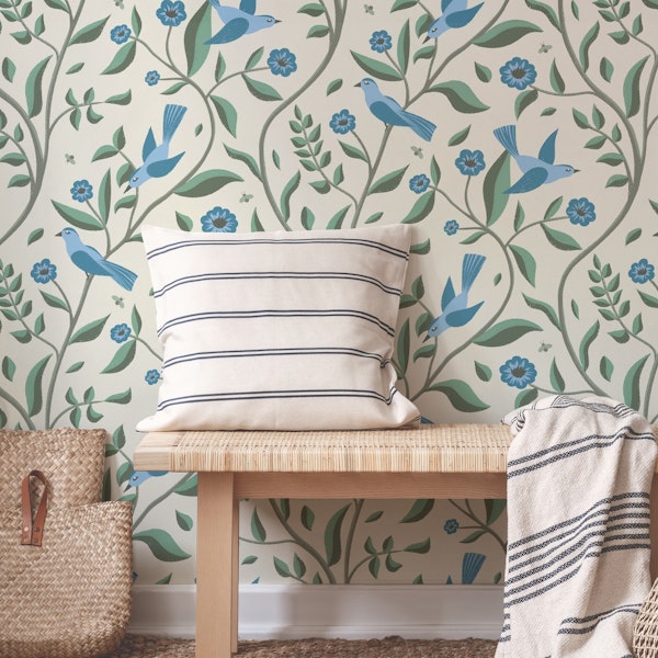 Forest Birds Blue Green Cream Spring