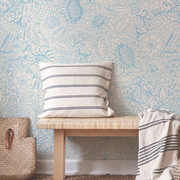 Country house folk doodle light blue
