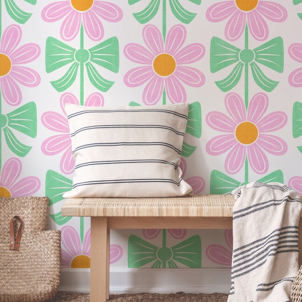 Preppy Geo Floral with Bows Pink Green Orange