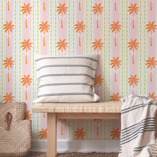 Coquette Stripe Palms & bows Pink & Green
