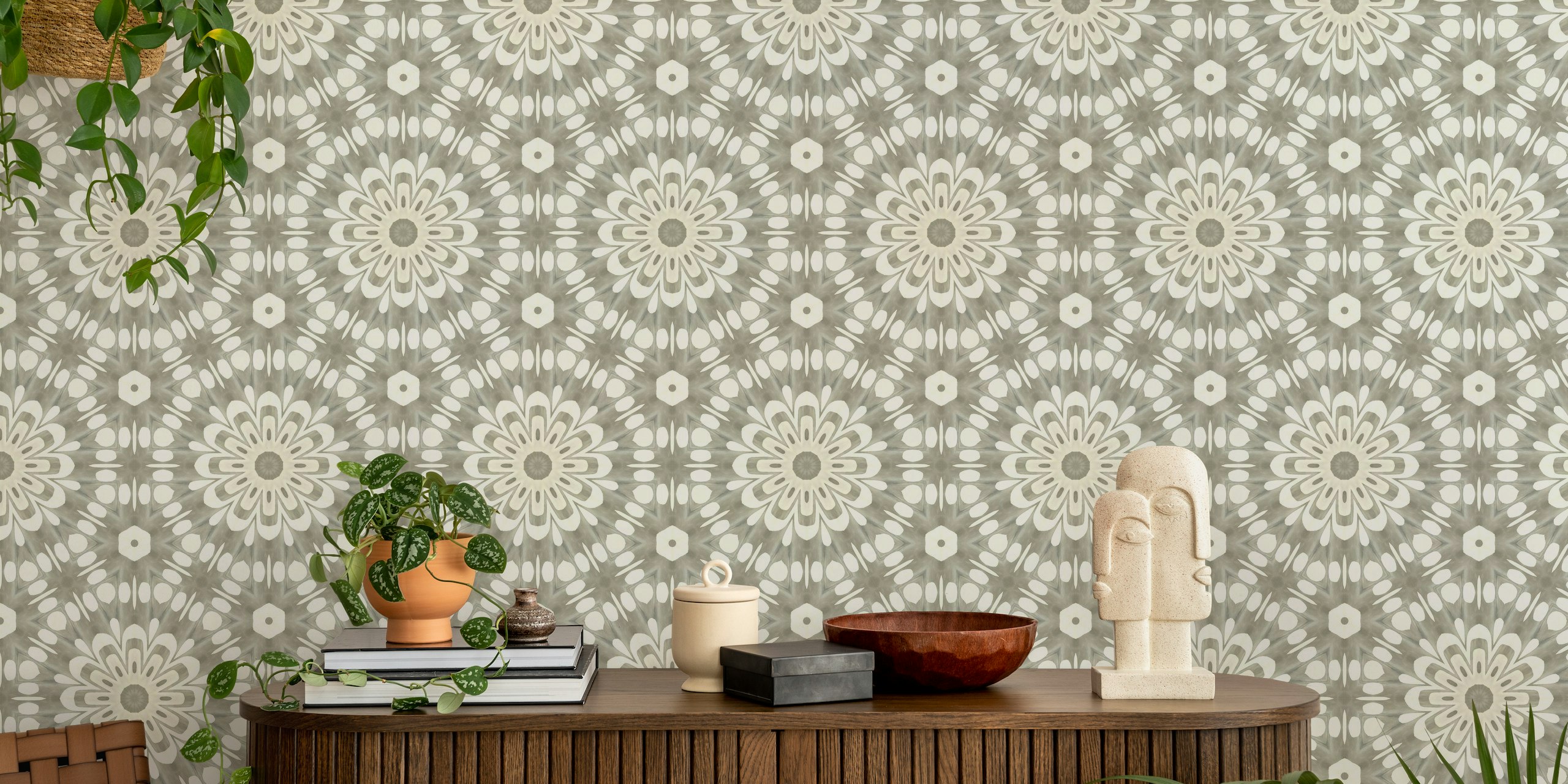 Classic Floral Tile Design Ivory Beige ταπετσαρία