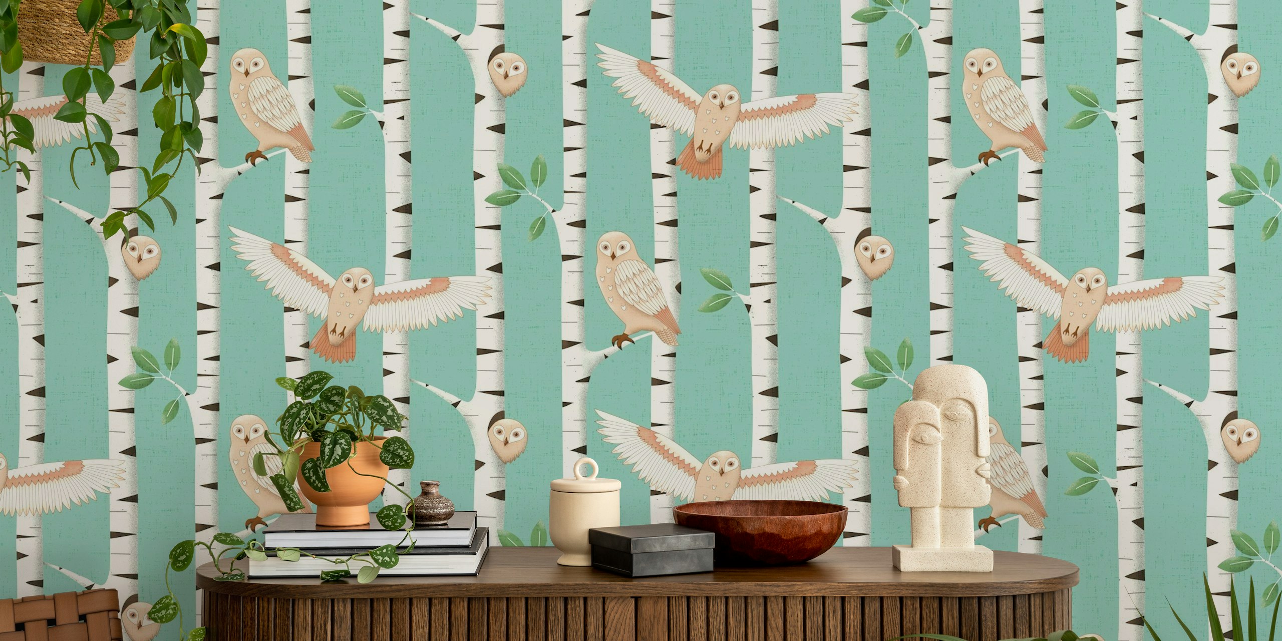 Birch forest with owls on a Spring morning wallpaper