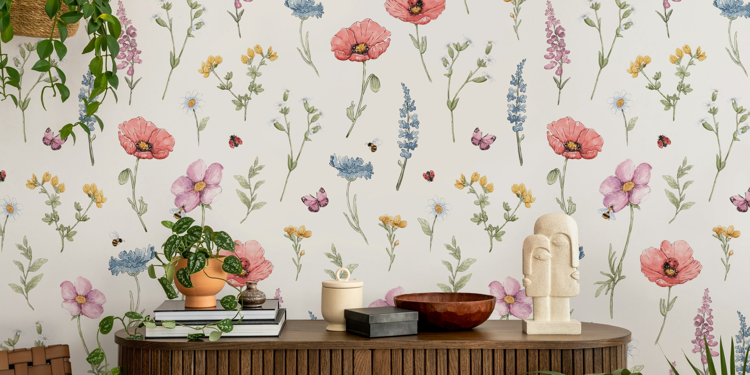 Floral pattern with pink, blue, and yellow flowers on beige wallpaper.