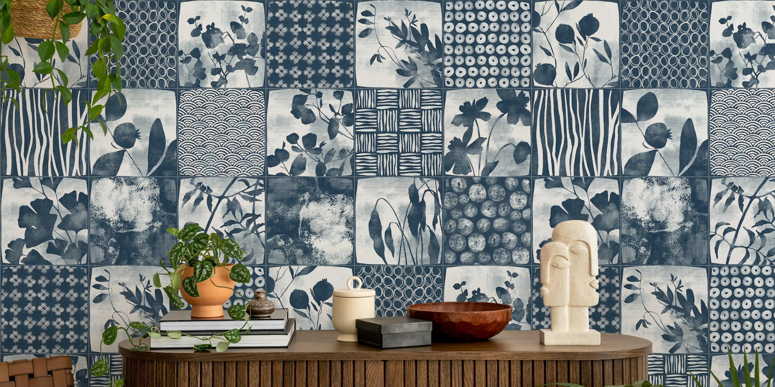 Nippon Cheater Quilt Indigo Blue White wallpaper in room