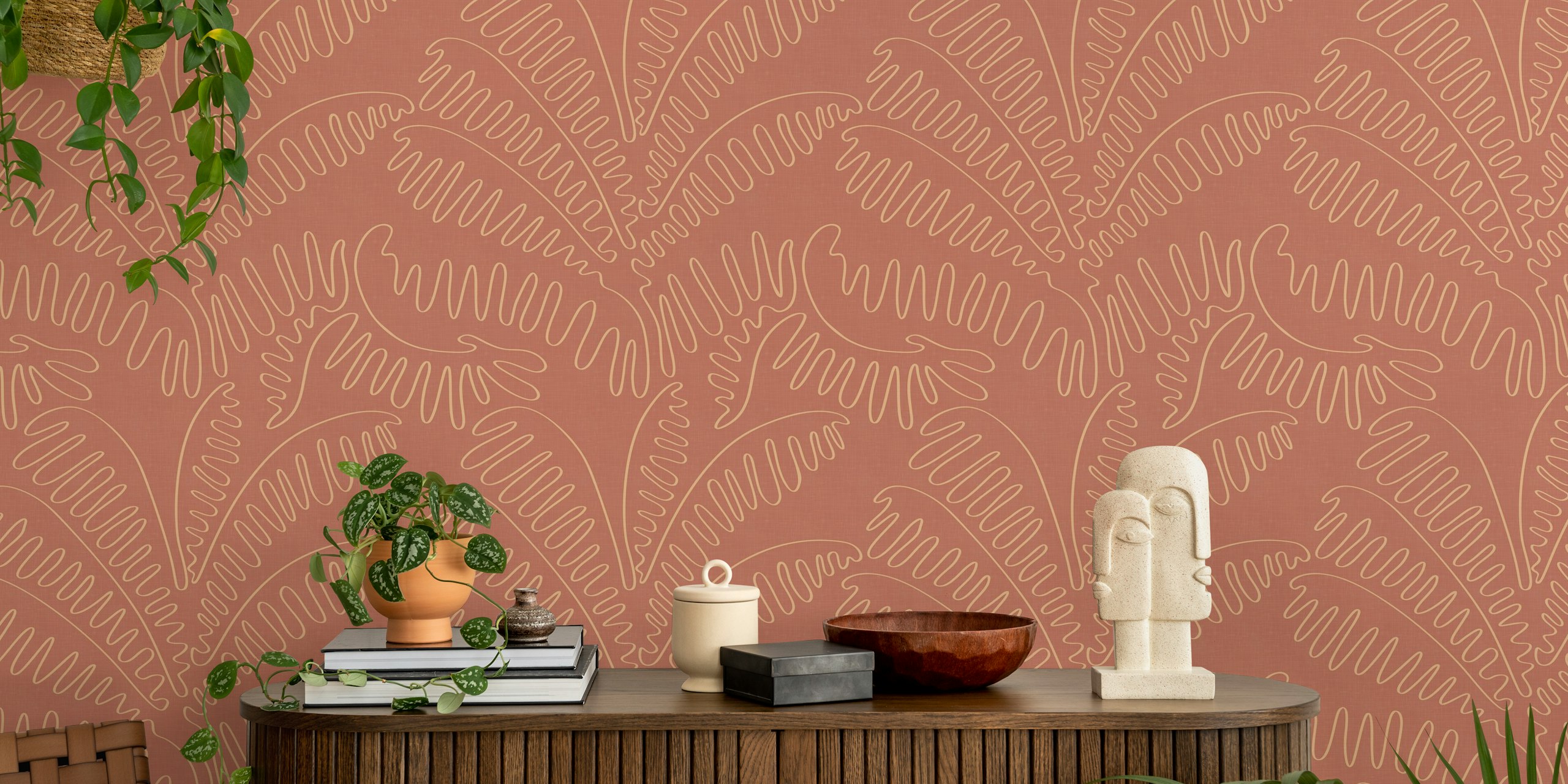 Line Art Palm Leaves Vintage Desert Blush WP in een kamer